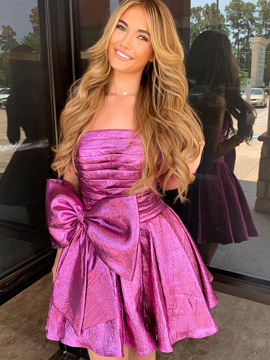 Purple Strapless A-Line Ruched Short Homecoming Dress with Bow