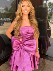 Purple Strapless A-Line Ruched Short Homecoming Dress with Bow