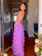 Purple Strapless Cascading Tiered Ruffle Prom Dress