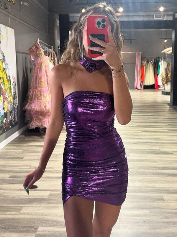 Purple Strapless Metallic Bodycon Homecoming Dress with Flower