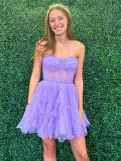 Purple Strapless Tulle A-Line Short Homecoming Dress With Belt