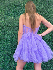Purple Strapless Tulle A-Line Short Homecoming Dress With Belt
