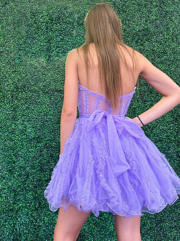 Purple Strapless Tulle A-Line Short Homecoming Dress With Belt