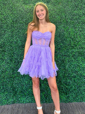 Purple Strapless Tulle A-Line Short Homecoming Dress With Belt
