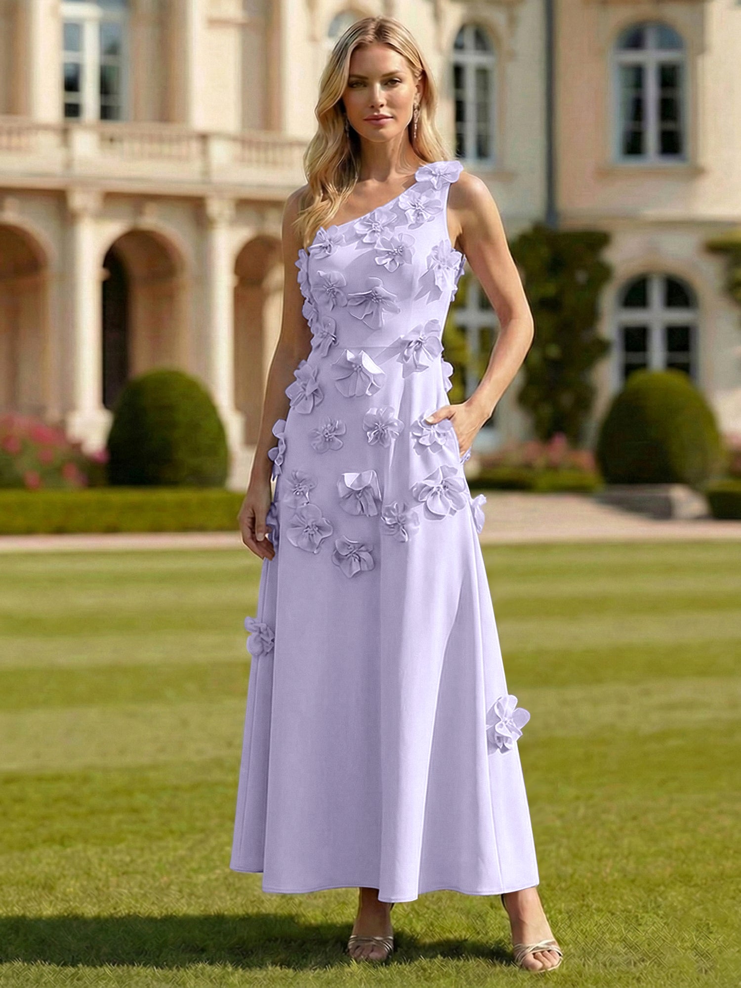 A Line One Shoulder Sleeveless Floor Length Stretch Crepe Dress With 3D Flowers