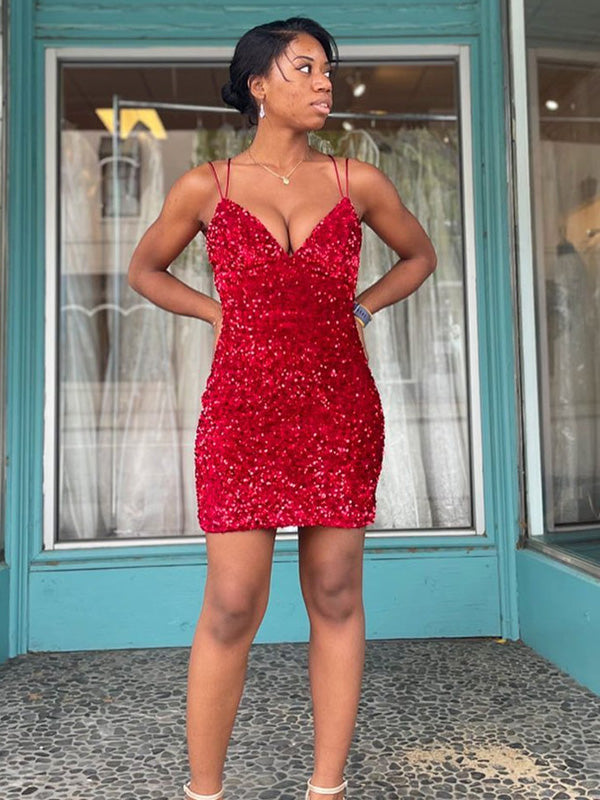 Burgundy Sequin Straps Bodycon Homecoming Party Dress