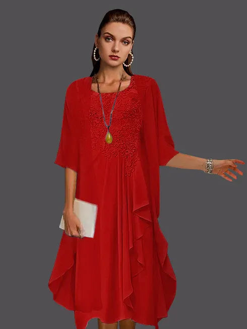 Two Piece A-Line Chiffon Lace Sleeveless Jacket Dresses with Pleats Appliques