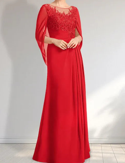 Robe de mère de la mariée trapèze en mousseline de soie et dentelle, longueur au sol, avec décolleté en V et paillettes plissées