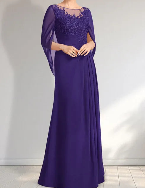 Robe de mère de la mariée trapèze en mousseline de soie et dentelle, longueur au sol, avec décolleté en V et paillettes plissées