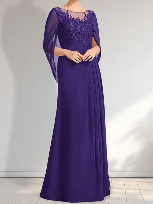 A-line Scoop Illusion Floor-Length Lace Chiffon Mother of the Bride Dress With Pleated Sequins