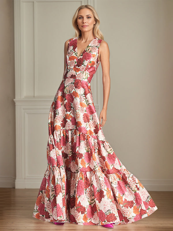 A-Line V-Neck Red Floral Mother of the Bride Dress