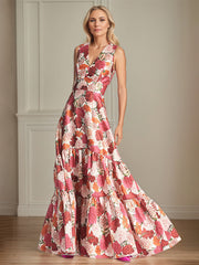 A-Line V-Neck Red Floral Mother of the Bride Dress