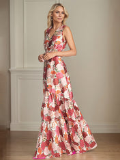 A-Line V-Neck Red Floral Mother of the Bride Dress