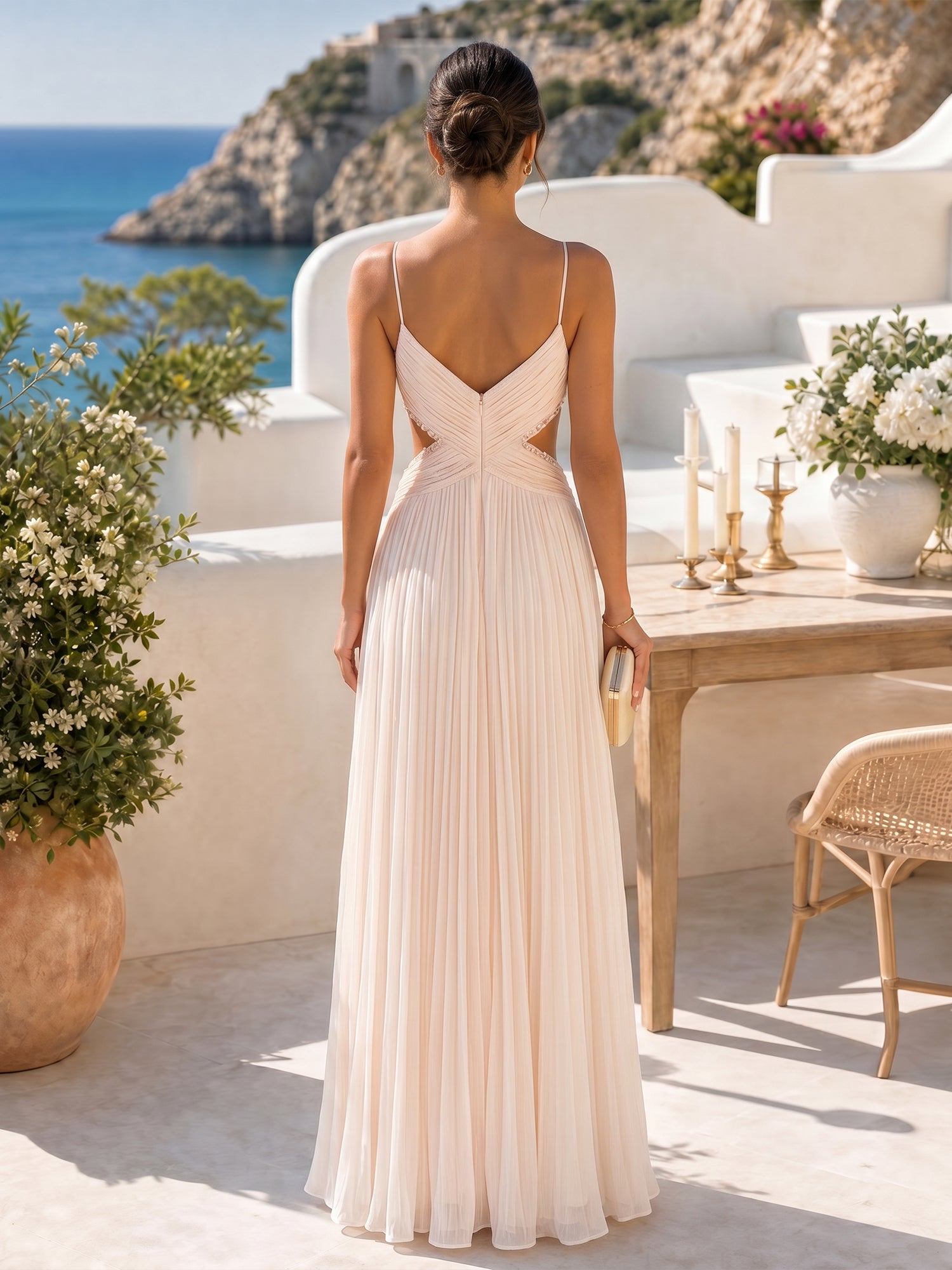 Radiant Blush Champagne Pleated Cutout Maxi Formal Evening Gown