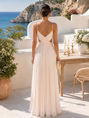 Radiant Blush Champagne Pleated Cutout Maxi Formal Evening Gown