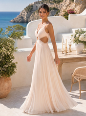 Radiant Blush Champagne Pleated Cutout Maxi Formal Evening Gown