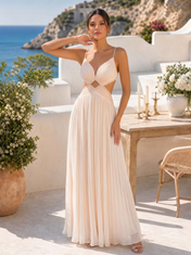 Radiant Blush Champagne Pleated Cutout Maxi Formal Evening Gown