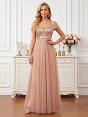 Radiant Rose Gold Sequin Off-Shoulder Tulle A-Line Gown Mother of the Bride Dresses