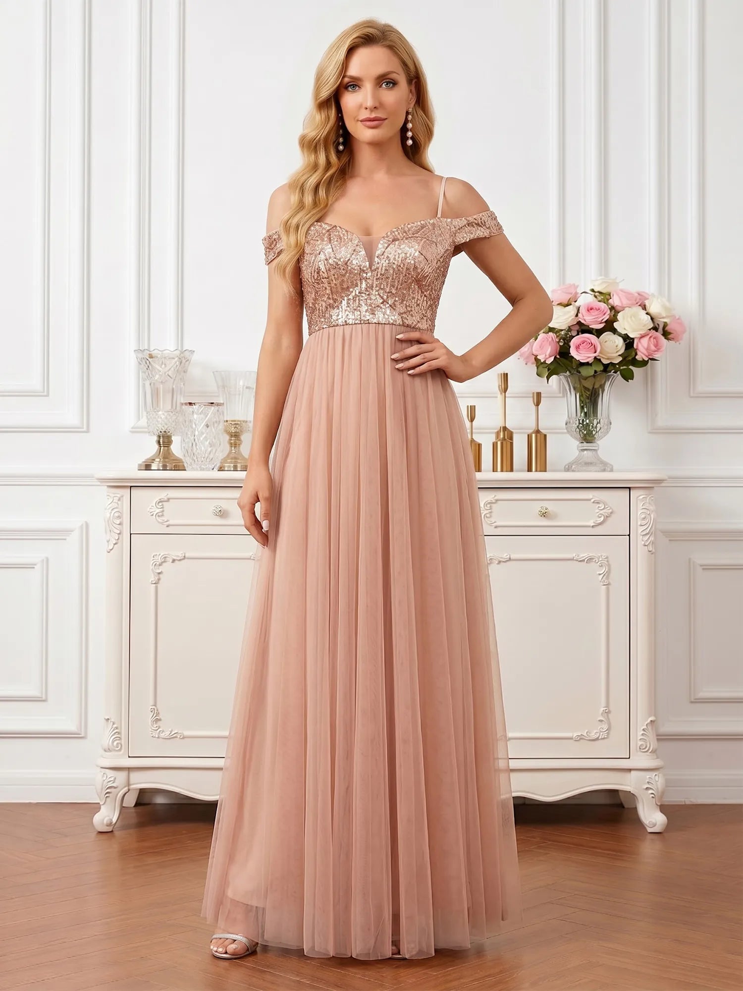 Dreamylily Radiant Rose Gold Sequin Off-Shoulder Tulle A-Line Gown Mother of the Bride Dresses