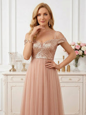 Radiant Rose Gold Sequin Off-Shoulder Tulle A-Line Gown Mother of the Bride Dresses