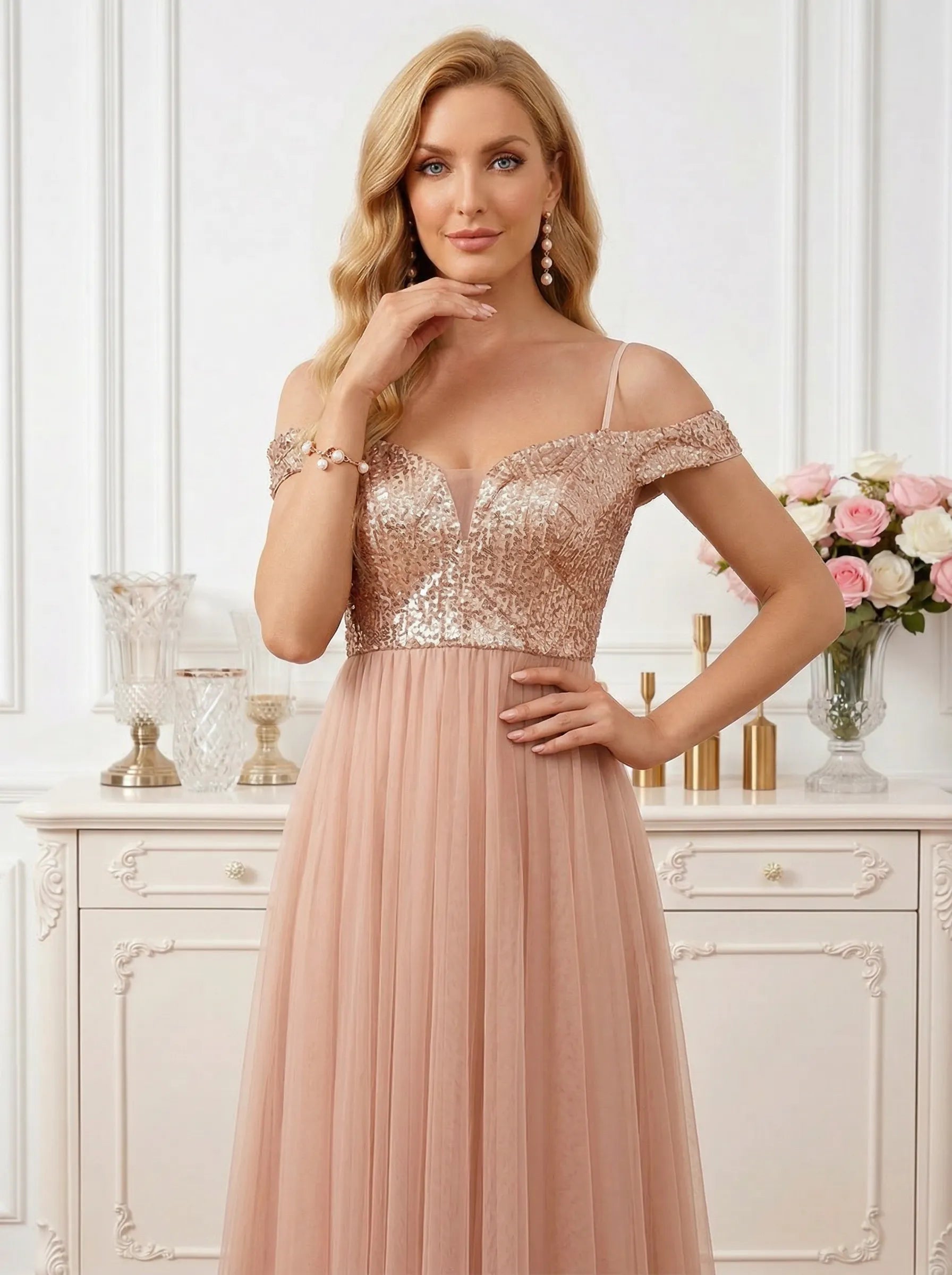 Dreamylily Radiant Rose Gold Sequin Off-Shoulder Tulle A-Line Gown Mother of the Bride Dresses