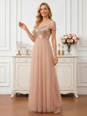 Radiant Rose Gold Sequin Off-Shoulder Tulle A-Line Gown Mother of the Bride Dresses