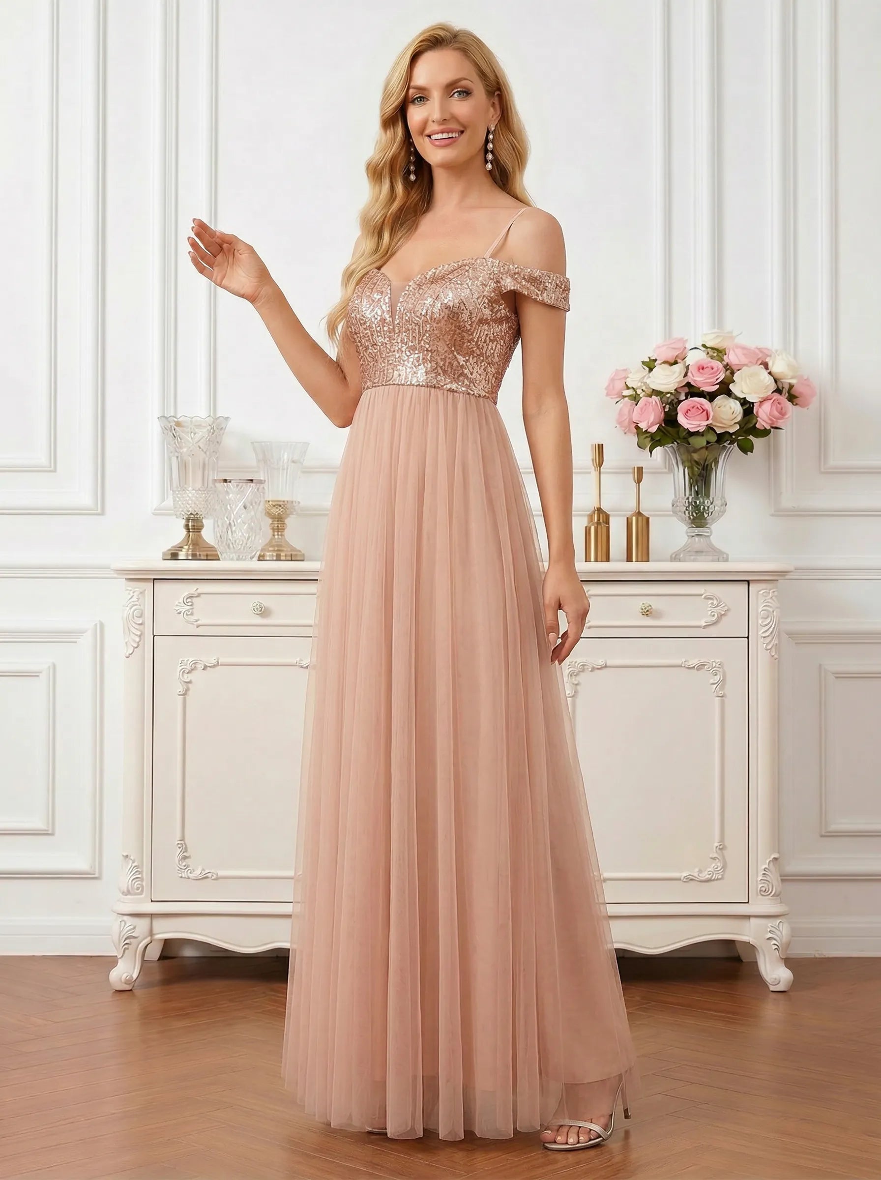 Radiant Rose Gold Sequin Off-Shoulder Tulle A-Line Gown Mother of the Bride Dresses