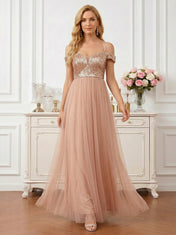 Radiant Rose Gold Sequin Off-Shoulder Tulle A-Line Gown Mother of the Bride Dresses