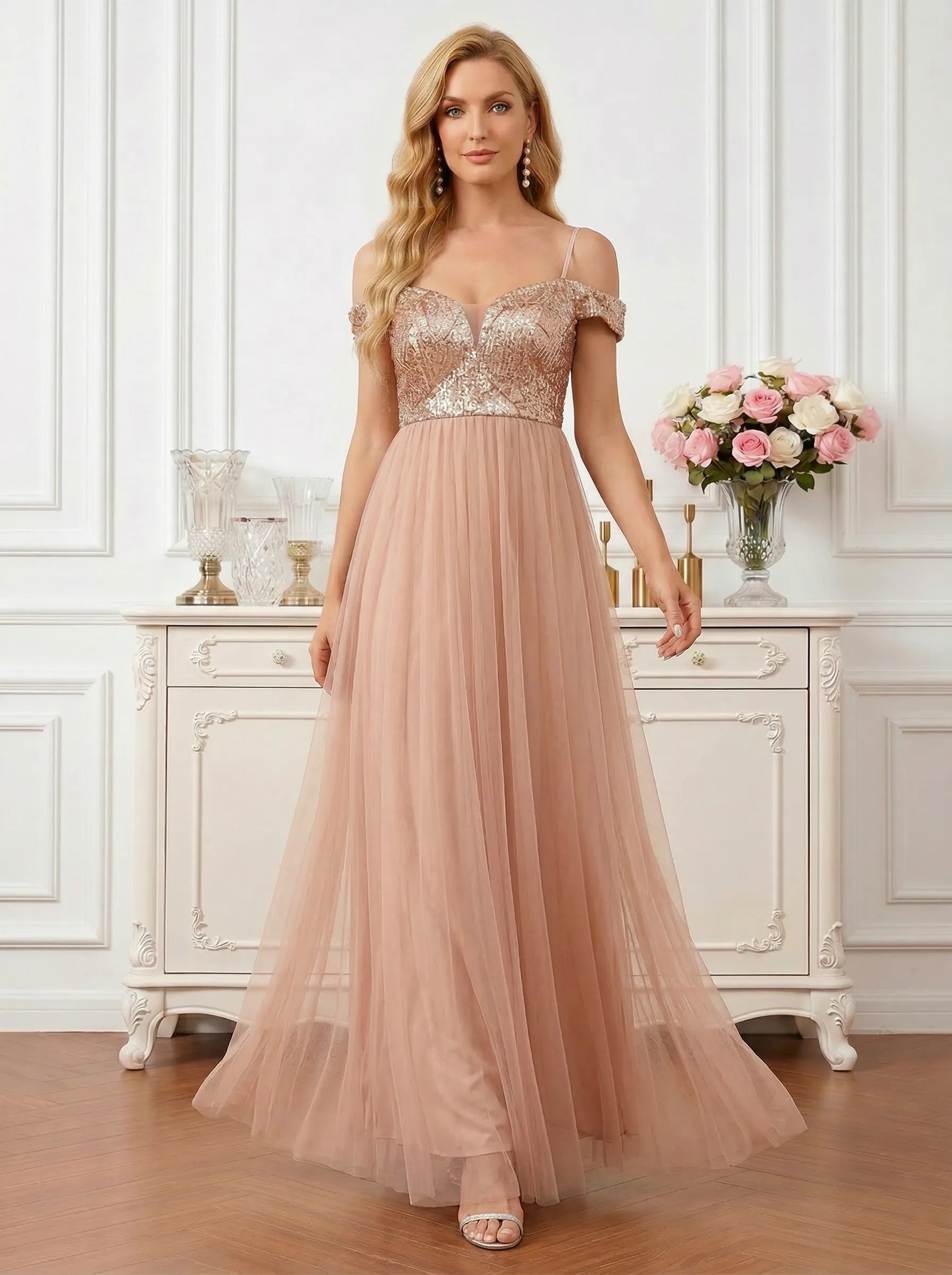Radiant Rose Gold Sequin Off-Shoulder Tulle A-Line Gown Mother of the Bride Dresses