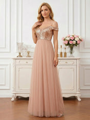 Radiant Rose Gold Sequin Off-Shoulder Tulle A-Line Gown Mother of the Bride Dresses