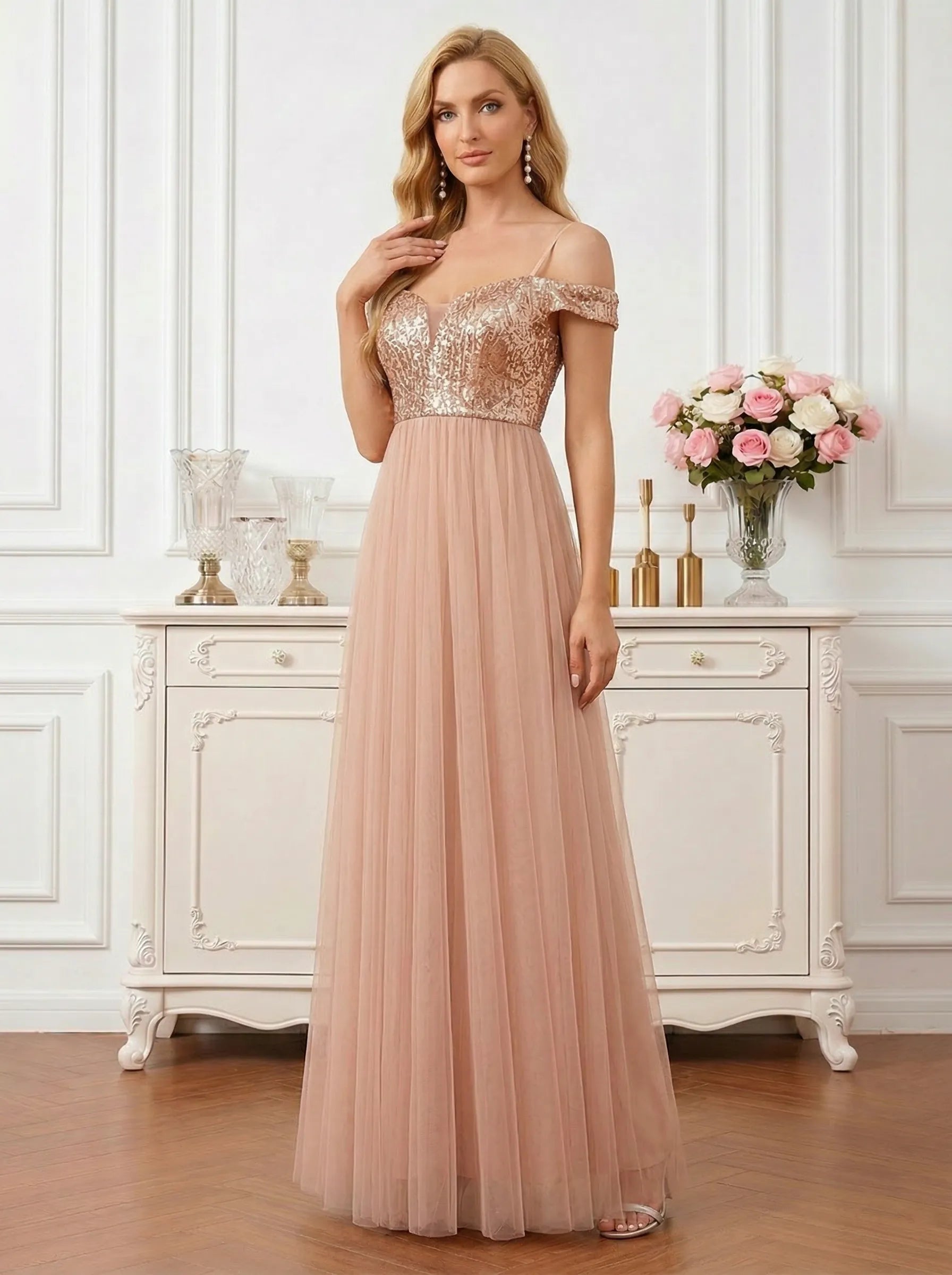 Radiant Rose Gold Sequin Off-Shoulder Tulle A-Line Gown Mother of the Bride Dresses