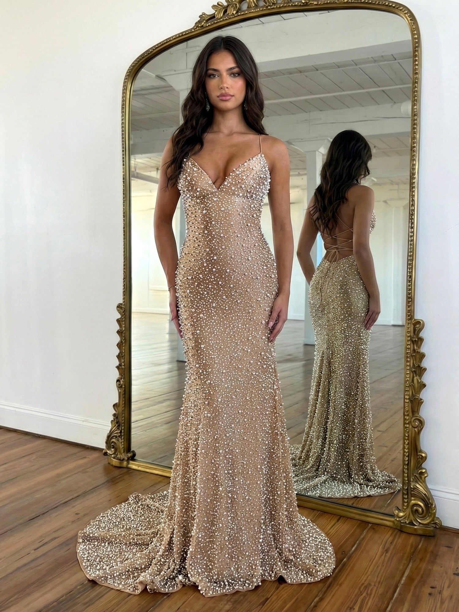 Radiant Yellow Pearl Embellished V-Neck Prom Dresses