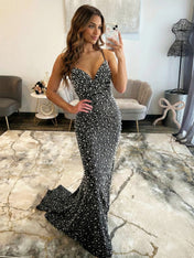 Radiant Yellow Pearl Embellished V-Neck Prom Dresses