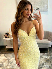 Radiant Yellow Pearl Embellished V-Neck Prom Dresses