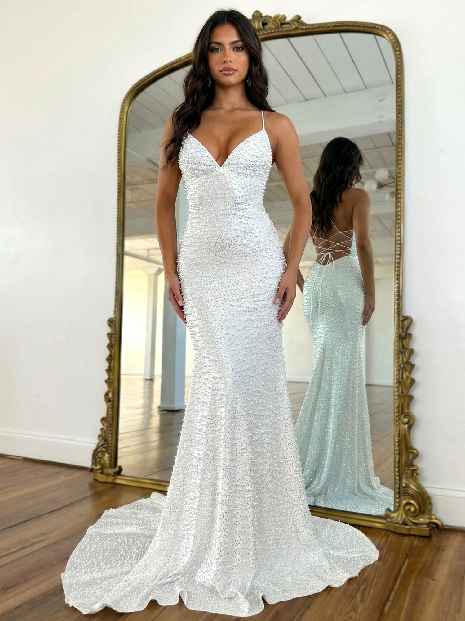 Radiant Yellow Pearl Embellished V-Neck Prom Dresses