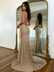 Radiant Yellow Pearl Embellished V-Neck Prom Dresses