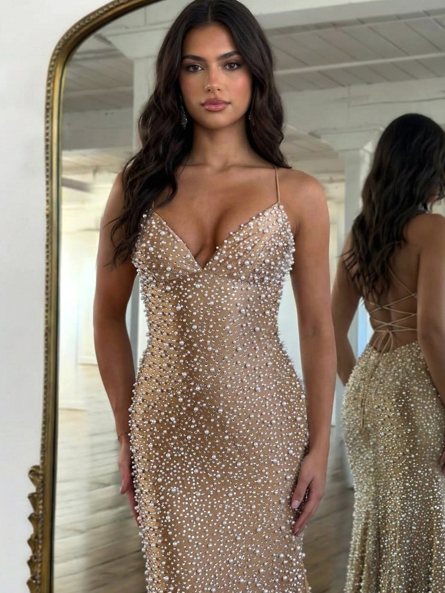 Radiant Yellow Pearl Embellished V-Neck Prom Dresses