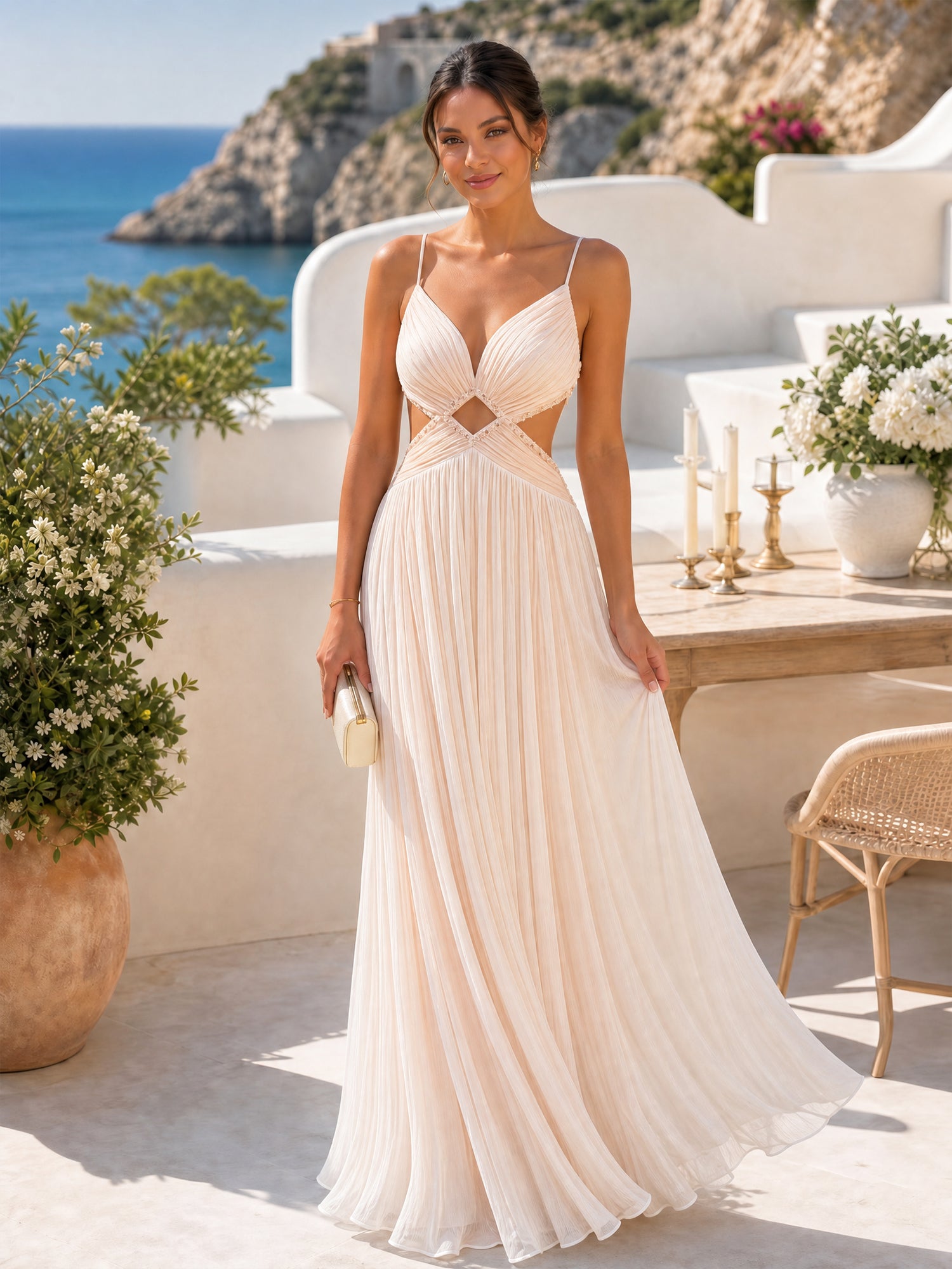 Radiant Blush Champagne Pleated Cutout Maxi Formal Evening Gown