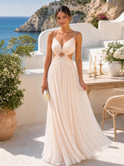 Radiant Blush Champagne Pleated Cutout Maxi Formal Evening Gown