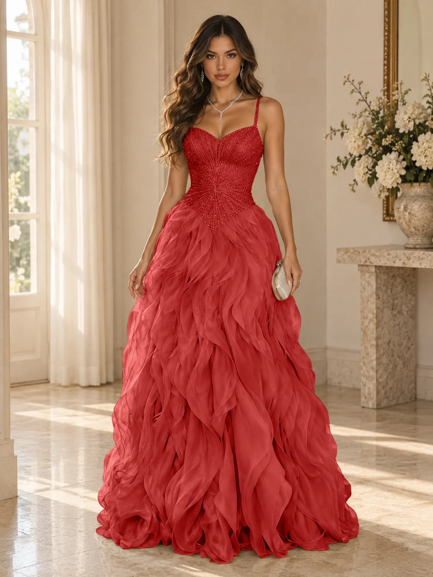 Elegant Beaded Spaghetti Strap Tiered Ruffle Ball Gown Evening Dress
