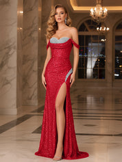 Dark Red Crystal Off-the-Shoulder Corset Prom Dress with Slit