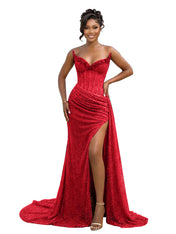 Gold Strapless Beading-Embellished Corset Prom Dress with Slit