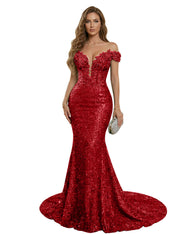 Sparkly Off The Shoulder Sequin Long Mermaid Corset Prom Dresses