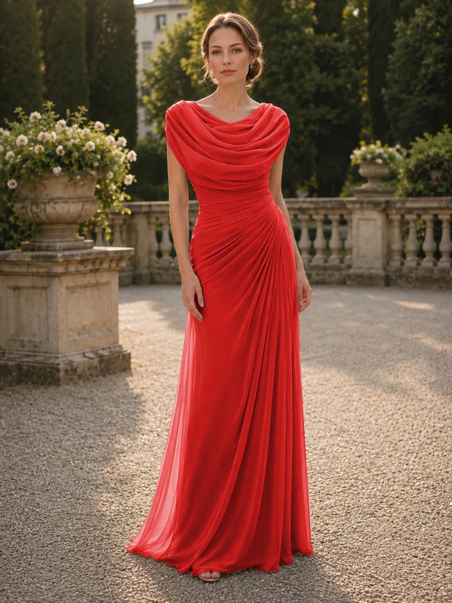 Cowl Neck Mermaid Evening Dresses with Flowing Floor-Length Skirt