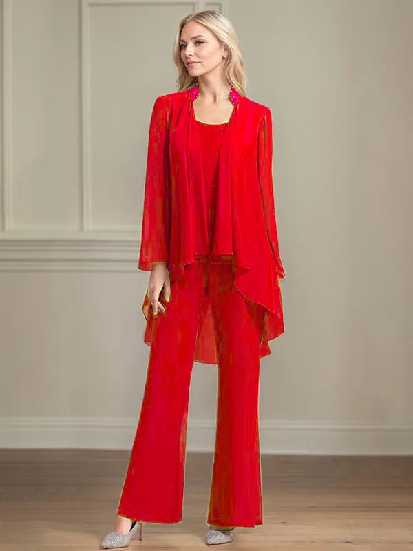 Chiffon Scoop Neck Long Sleeves Floor Length Mother Of The Bride Pantsuits