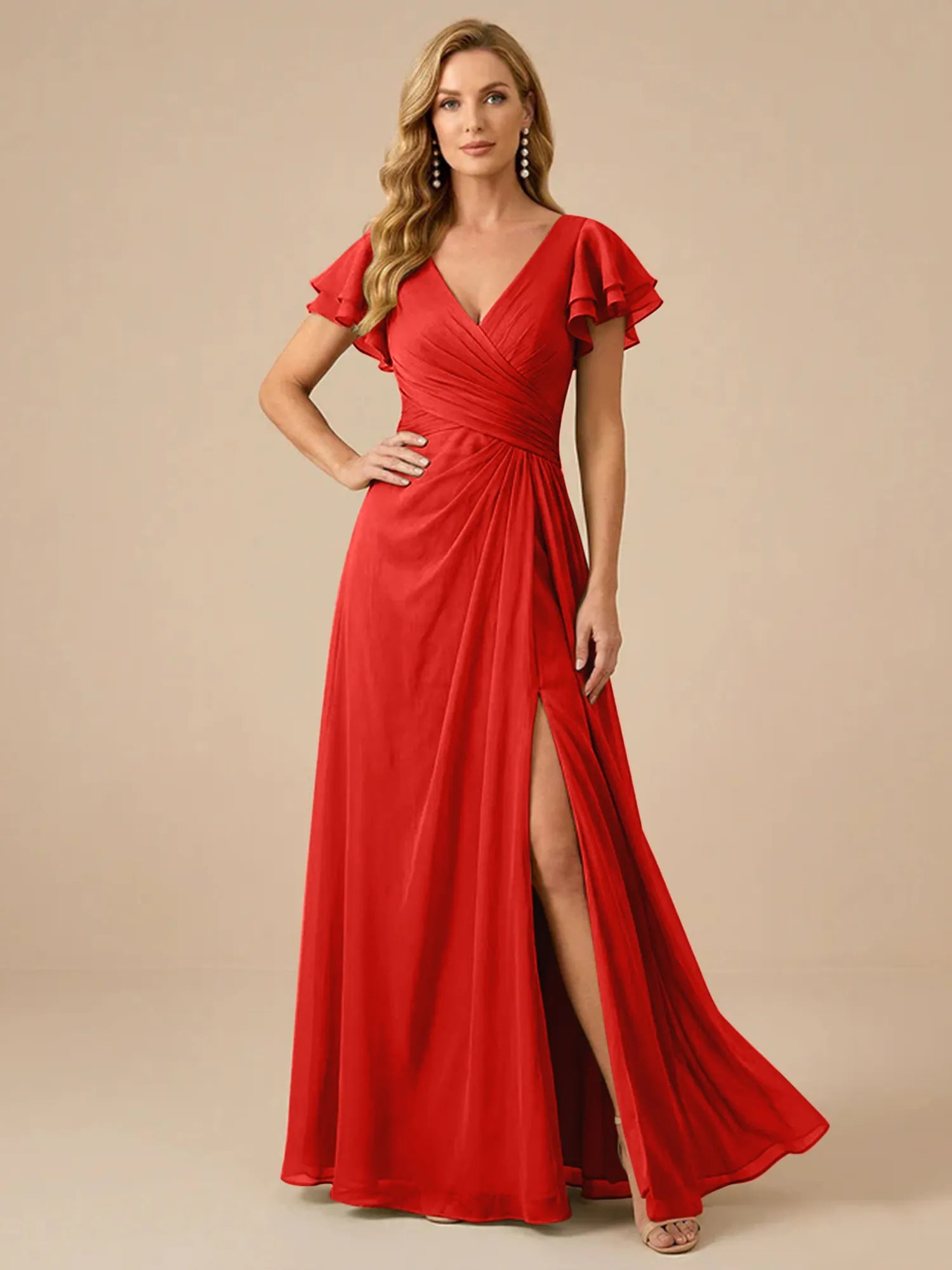 Sage Green V-Neck High-Slit Pleated Chiffon Dress
