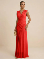 Pink Regular Straps V Neck Chiffon Pleat Mermaid Maxi Dress