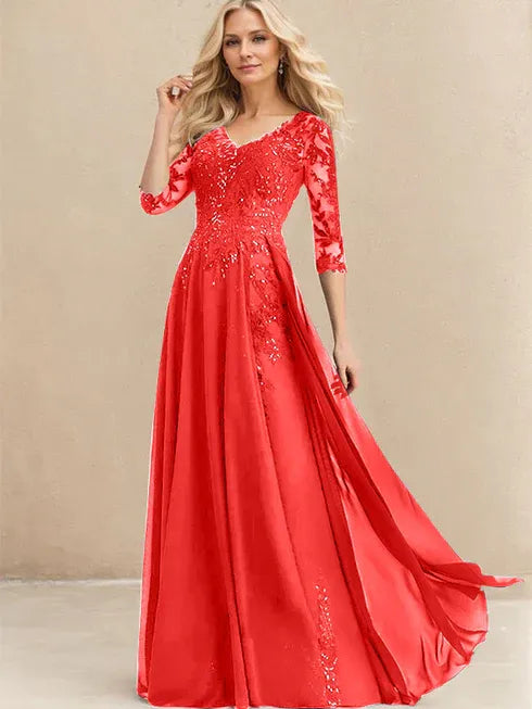 A-line V-Neck Floor-Length Lace Chiffon Mother of the Bride Dress With Sequins