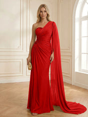 Sage Green One Shoulder Beaded Evening Gown with Cape Sleeve