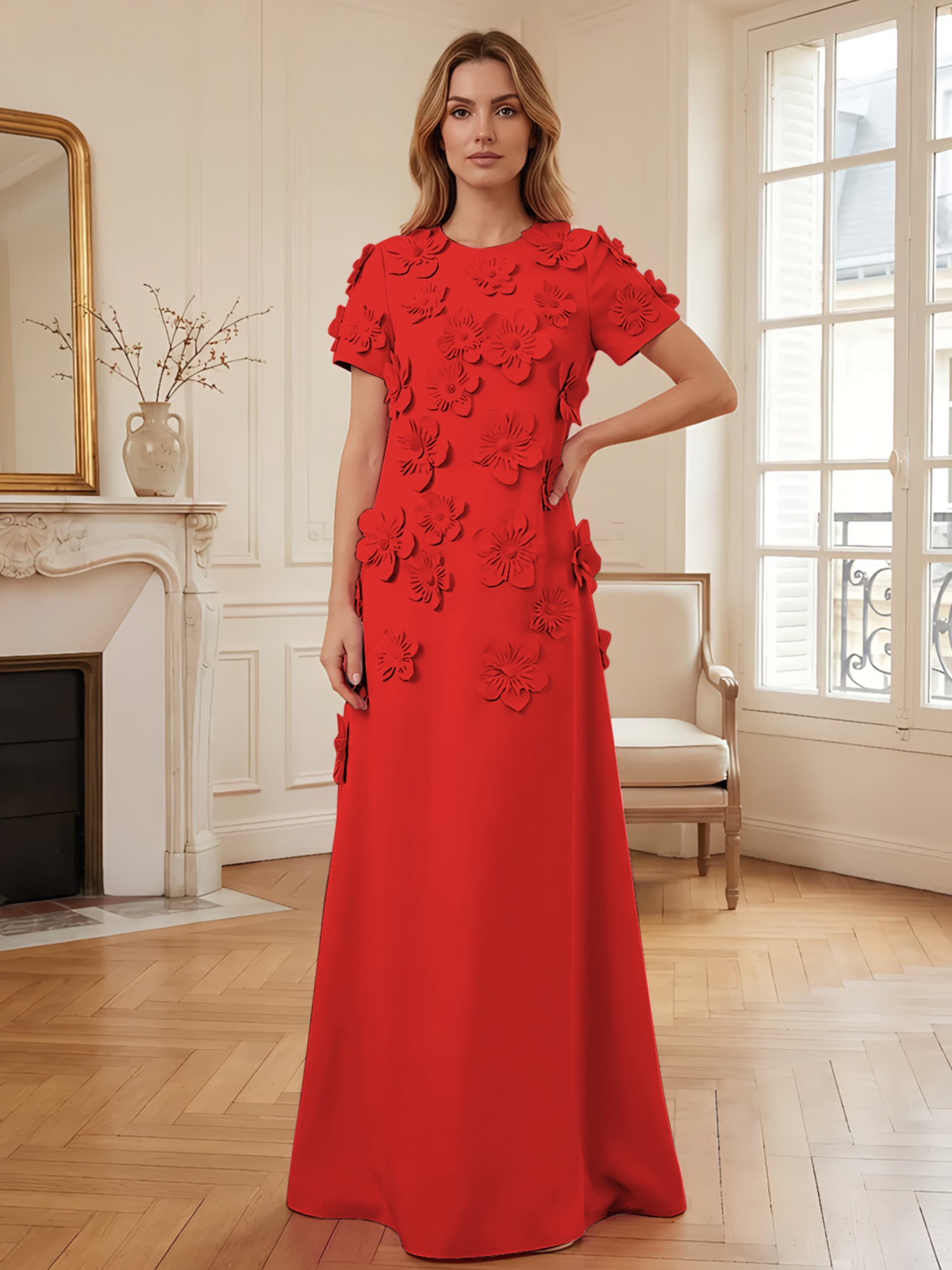Short Sleeve Crew Neck A-Line Gown with 3D Floral Appliques Evening Dresses